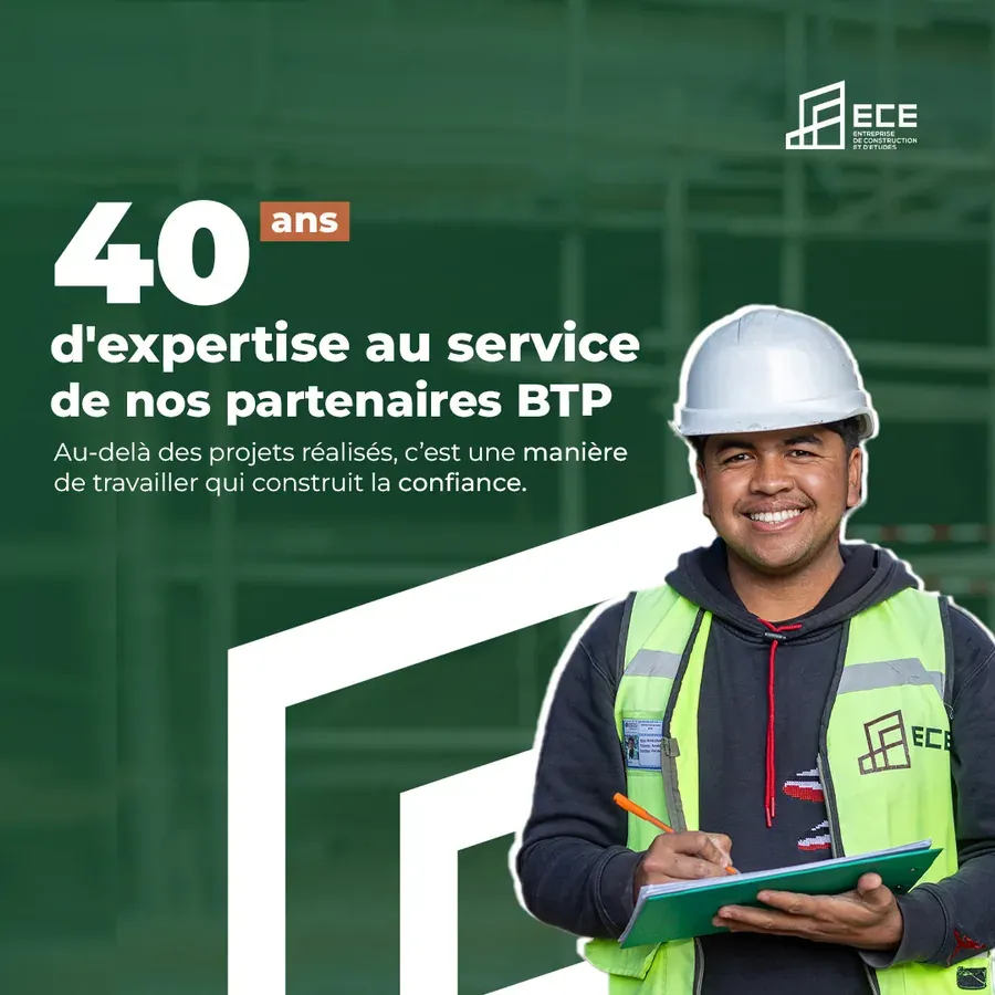 Planche 1 du carrousel : « 40 ans d'expertise au service de nos partenaires BTP. Au-delà des projets réalisés, c'est une manière de travailler qui construit la confiance. »