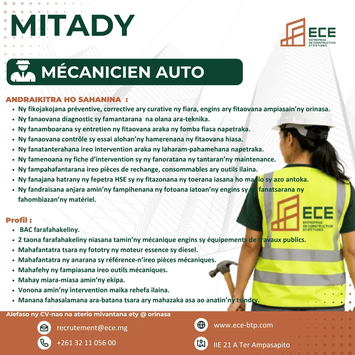 Le même modèle en malgache : « Mitady — Mécanicien auto », avec les rubriques « Andraikitra ho sahanina » et « Profil », et le même pied de page de contact.