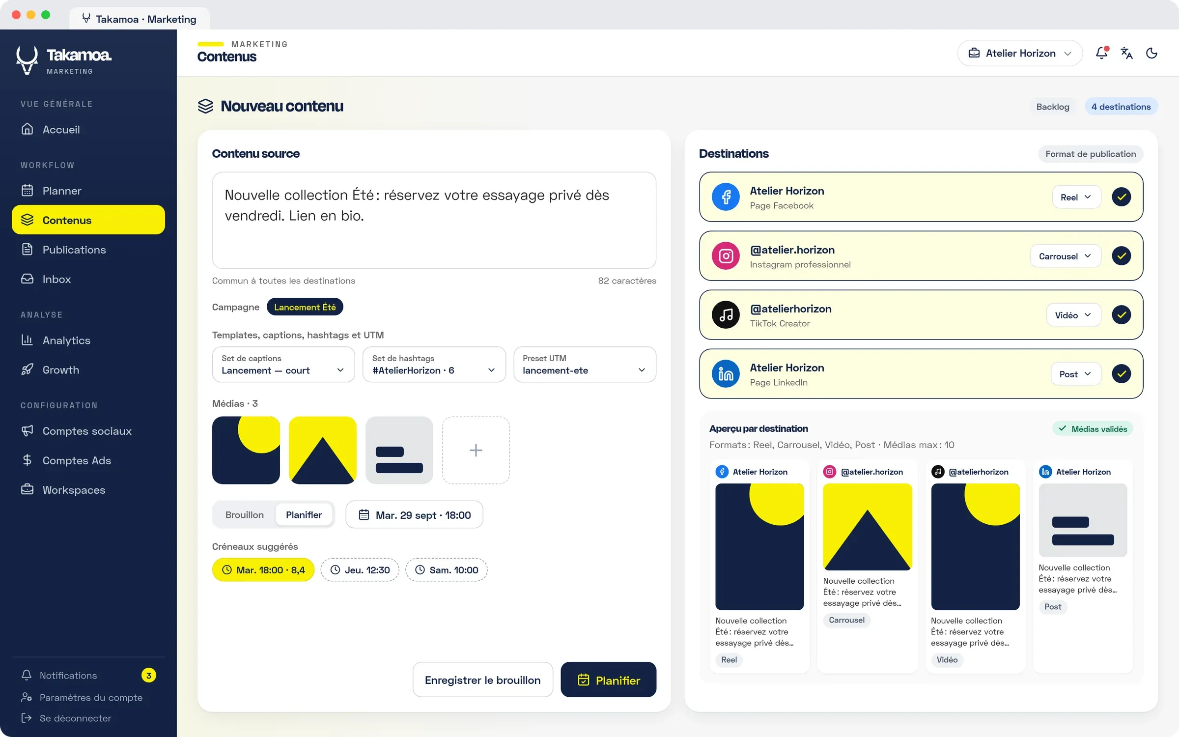 L'écran Contenus : un contenu source et ses quatre destinations, Facebook, Instagram, TikTok et LinkedIn.