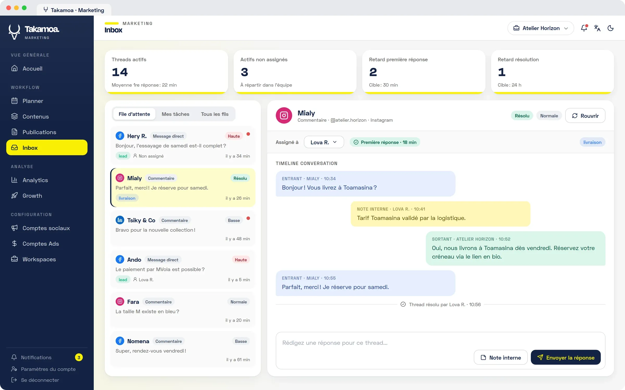 L'Inbox : une conversation Instagram, sa note interne et la réponse envoyée.