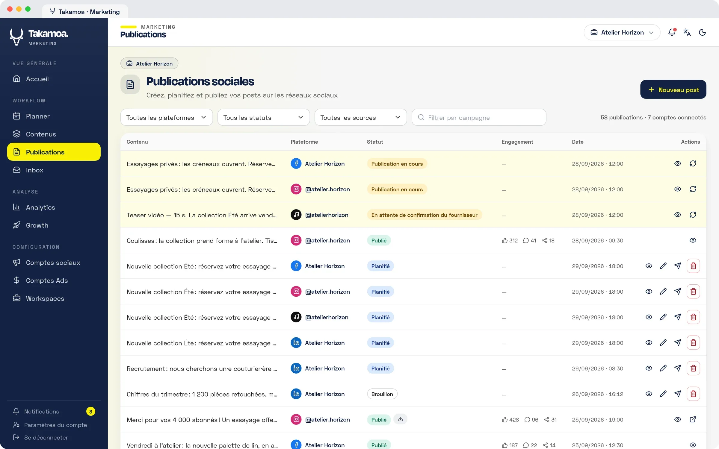 L'écran Publications : chaque contenu, son réseau et son statut jusqu'à la mise en ligne.