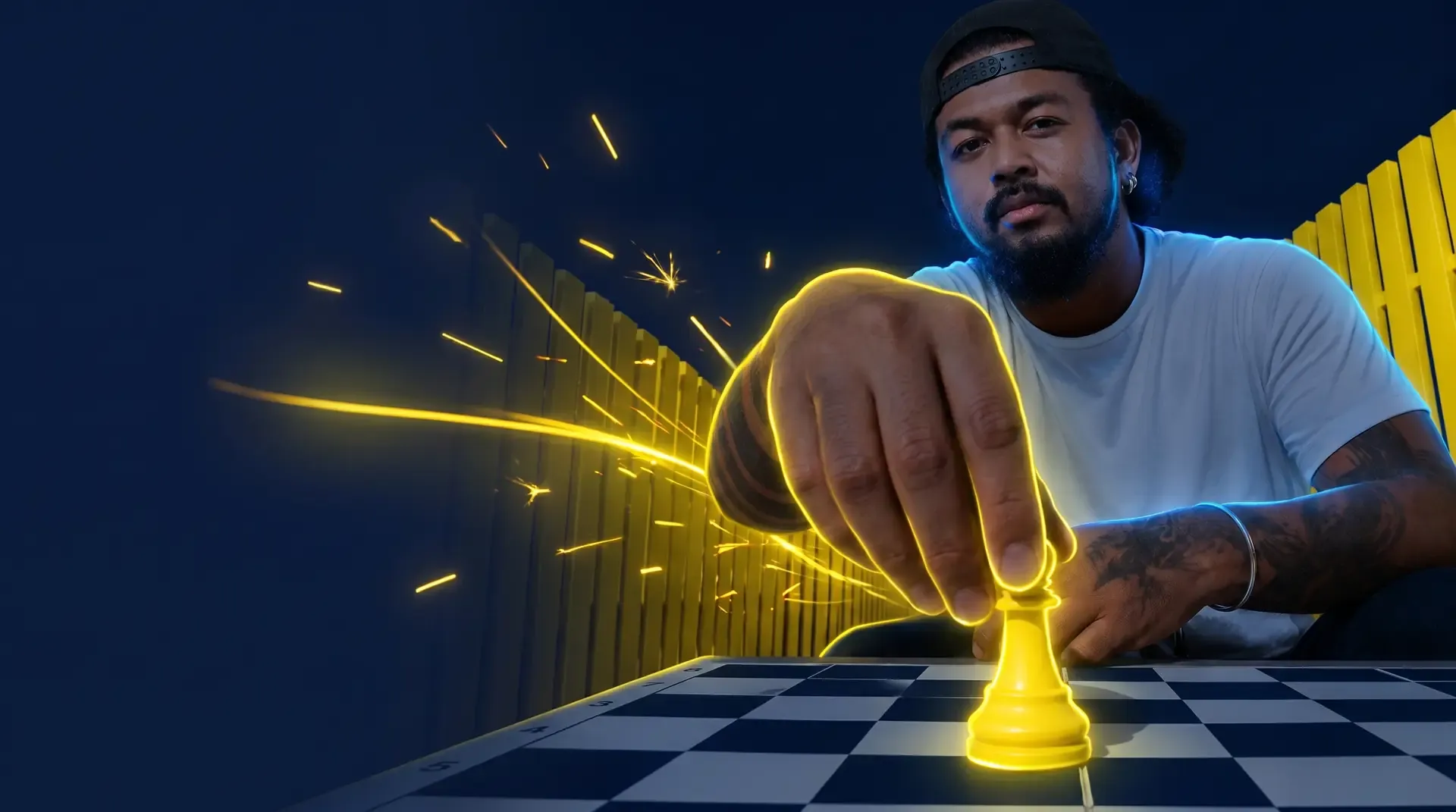 Brand strategy — chess player with Takamoa yellow pieces