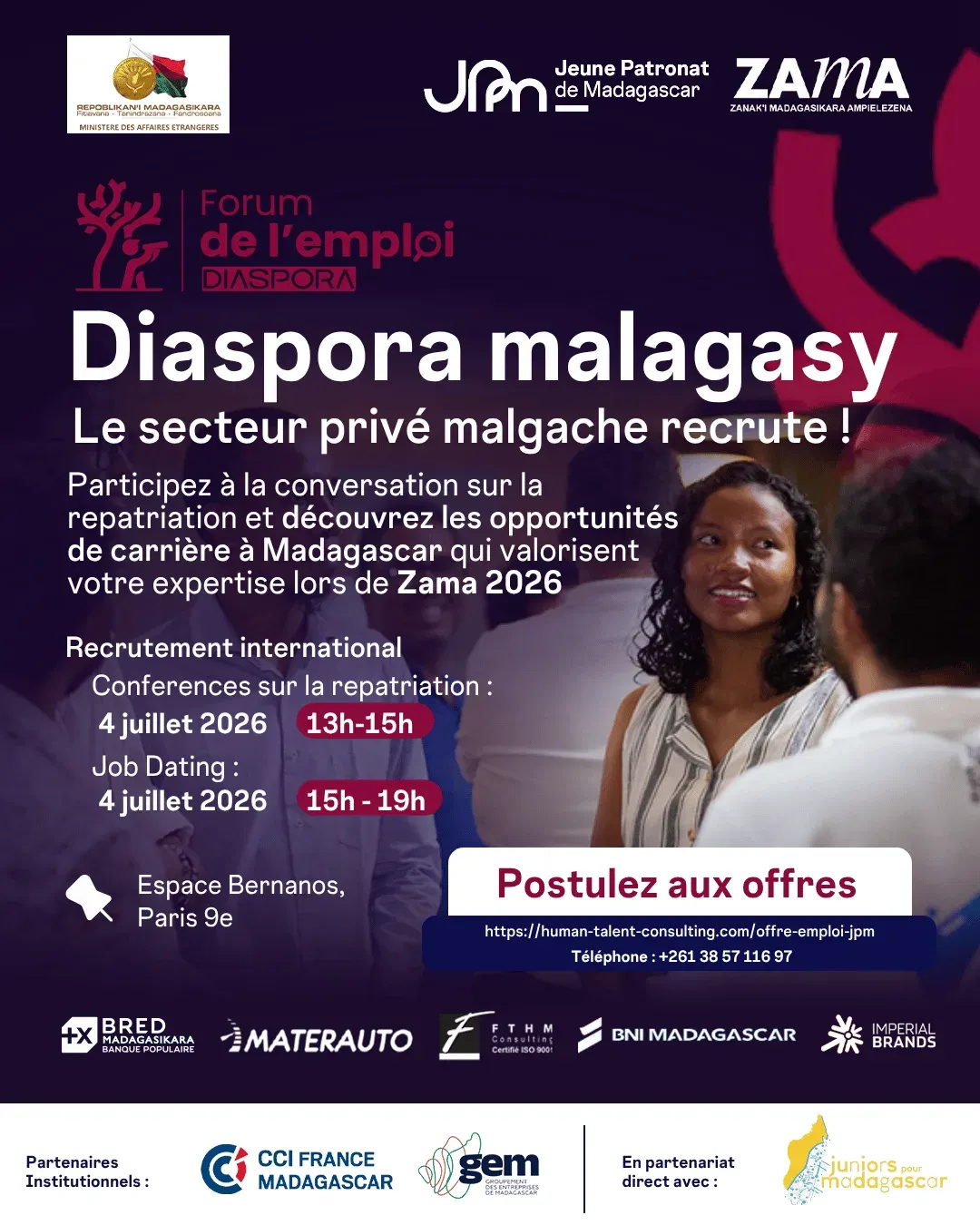 Affiche « Diaspora malagasy — Le secteur privé malgache recrute ! » : conférence sur la repatriation le 4 juillet 2026 de 13h à 15h, job dating de 15h à 19h, Espace Bernanos Paris 9e, et les logos des partenaires.
