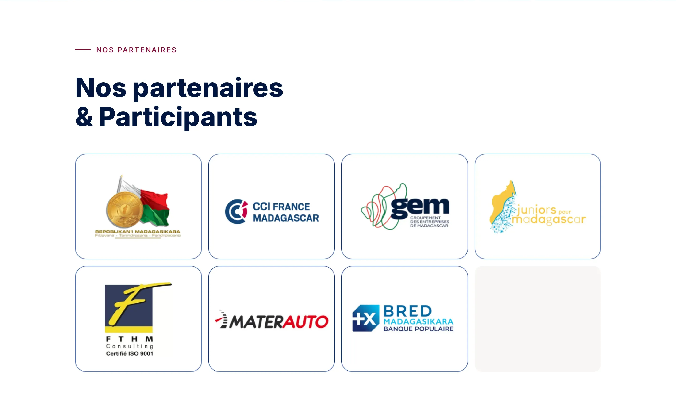 Section « Nos partenaires & participants » : les logos de la République de Madagascar, CCI France Madagascar, GEM, Juniors pour Madagascar, FTHM Consulting, Materauto et BRED Madagasikara.