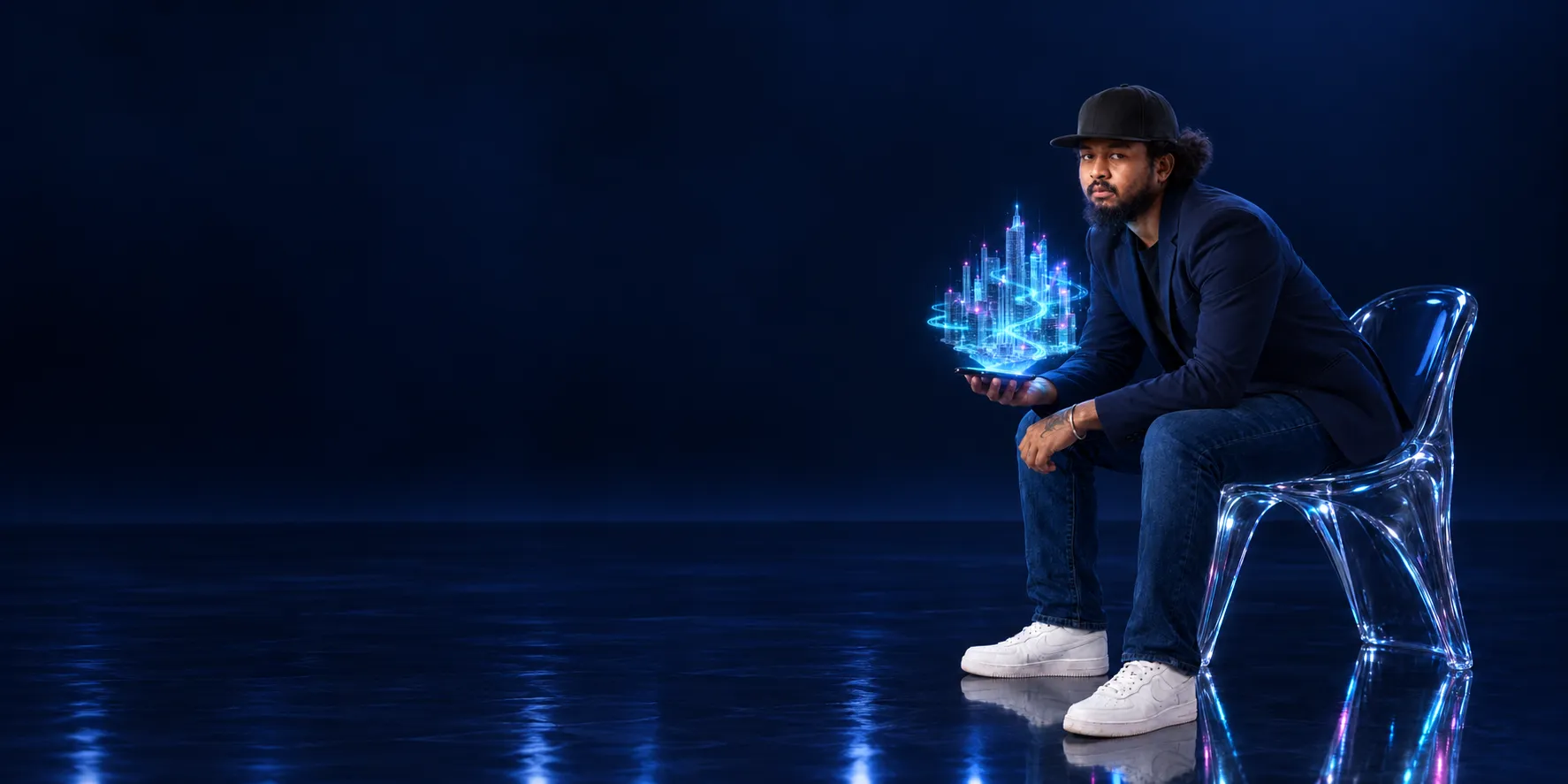 Un homme et une ville holographique sur un fond bleu nuit au sol miroir, décor prolongé par IA.