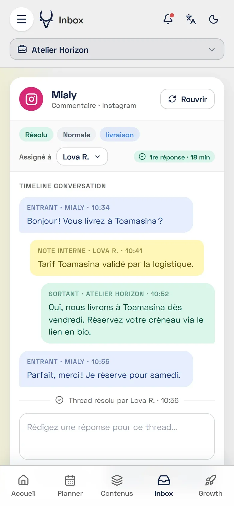 L'Inbox sur téléphone : une conversation Instagram résolue.