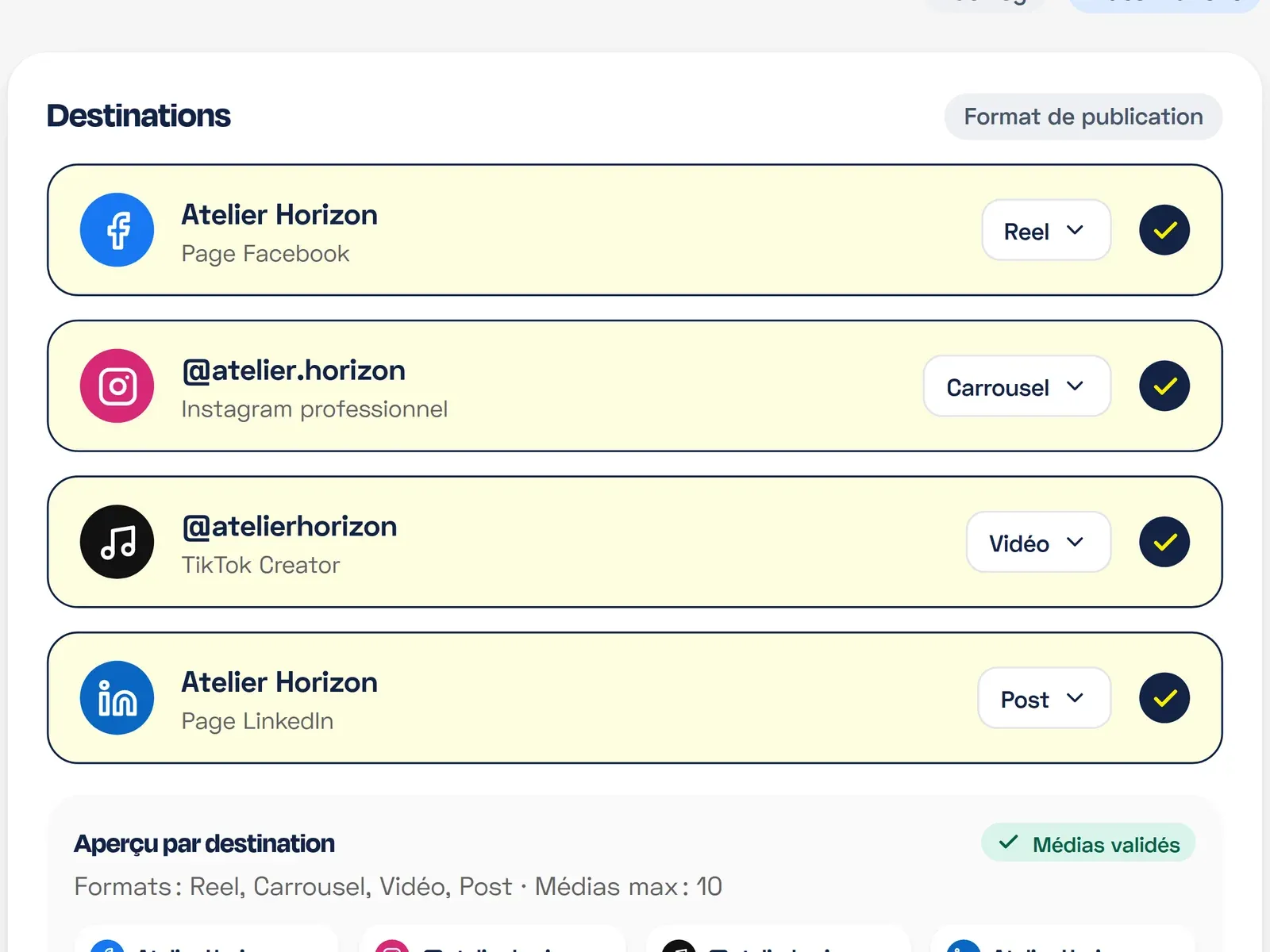 L'écran Contenus : un contenu source et ses quatre destinations, Facebook, Instagram, TikTok et LinkedIn.
