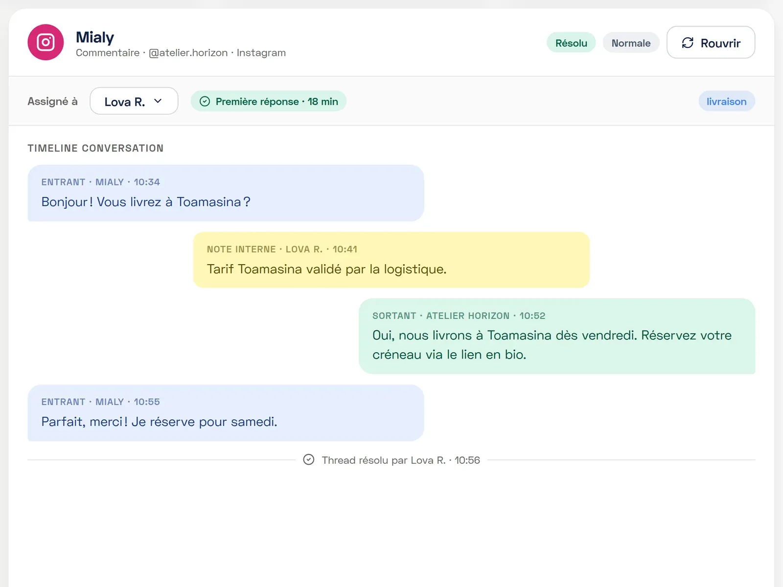 L'Inbox : une conversation Instagram, sa note interne et la réponse envoyée.